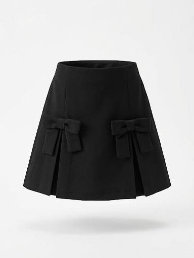 Girls Black Structured Inverted-Pleat 3D Bow Pocket A-Line Skirt