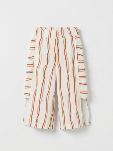 Girls Cream Rust Wavy Stripe Wide-Leg Ruffle-Side Culottes