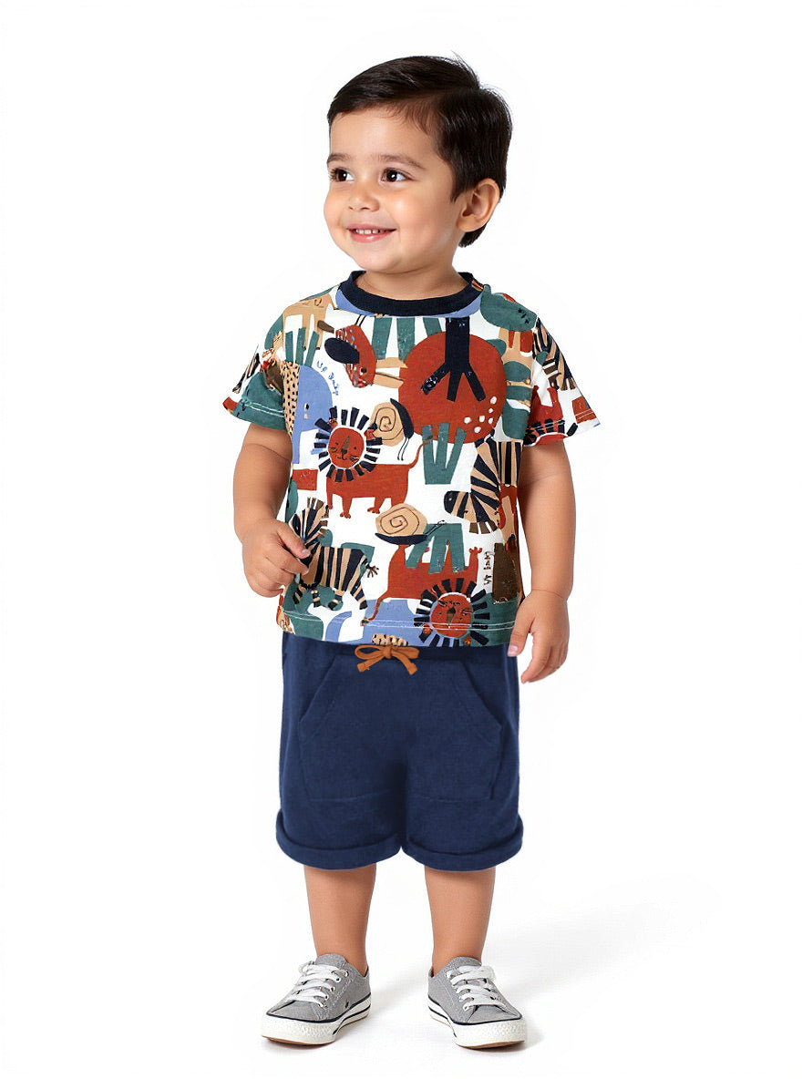 Boys White Safari Animal Print T-Shirt & Navy Shorts Set