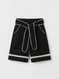Girls Black Paper-Bag Scalloped Trim Wide-Leg Bermuda Shorts