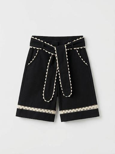 Girls Black Paper-Bag Scalloped Trim Wide-Leg Bermuda Shorts
