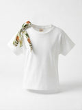 Girls White Short-Sleeve T-Shirt with Tropical Leaf Print Bow Shoulder Accent