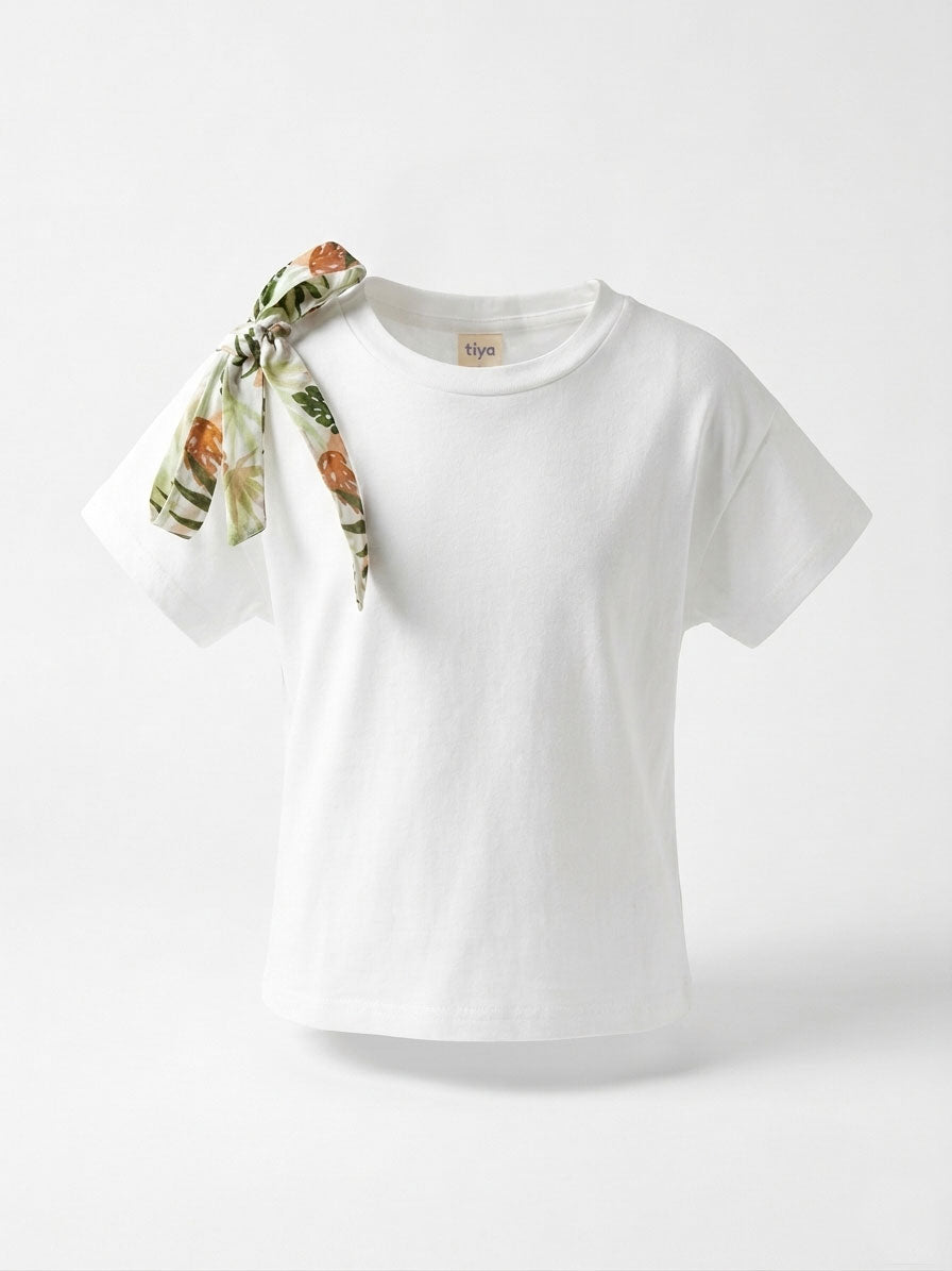 Girls White Short-Sleeve T-Shirt with Tropical Leaf Print Bow Shoulder Accent