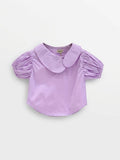 Girls Lilac Puff-Sleeve Blouse with Oversized Rounded Peter Pan Collar