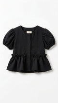 Girls Black Crinkle Textured Puff-Sleeve Ruffle Peplum Blouse