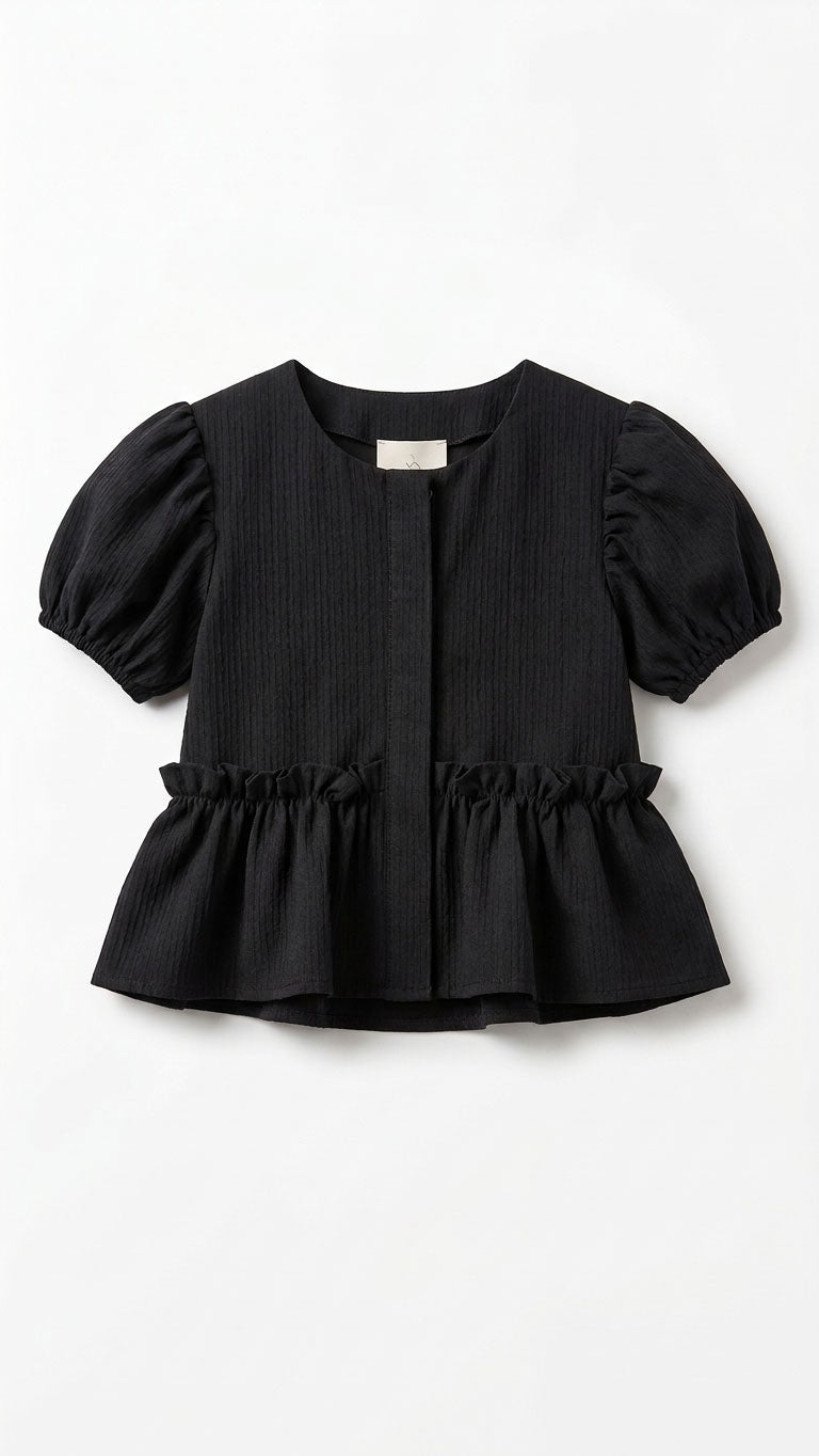 Girls Black Crinkle Textured Puff-Sleeve Ruffle Peplum Blouse