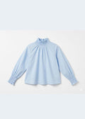 Girls Sky Blue Long-Sleeve Smocked Ruffle High-Neck Blouse with Puff Sleeves