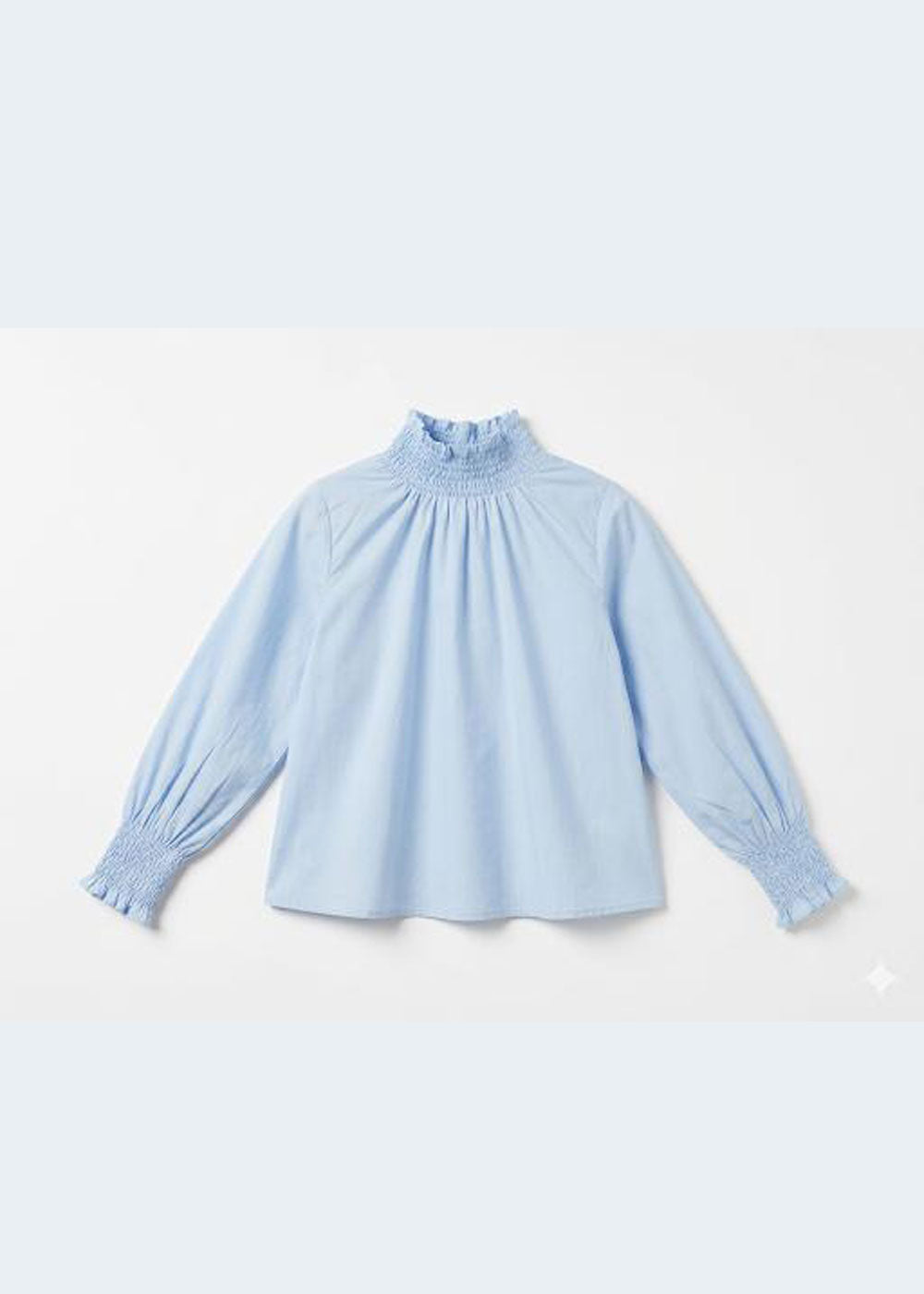 Girls Sky Blue Long-Sleeve Smocked Ruffle High-Neck Blouse with Puff Sleeves