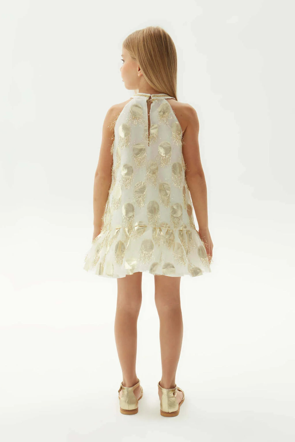 Girls Ivory Gold Metallic Circle Fringe Halter Neck Party Dress By B&G