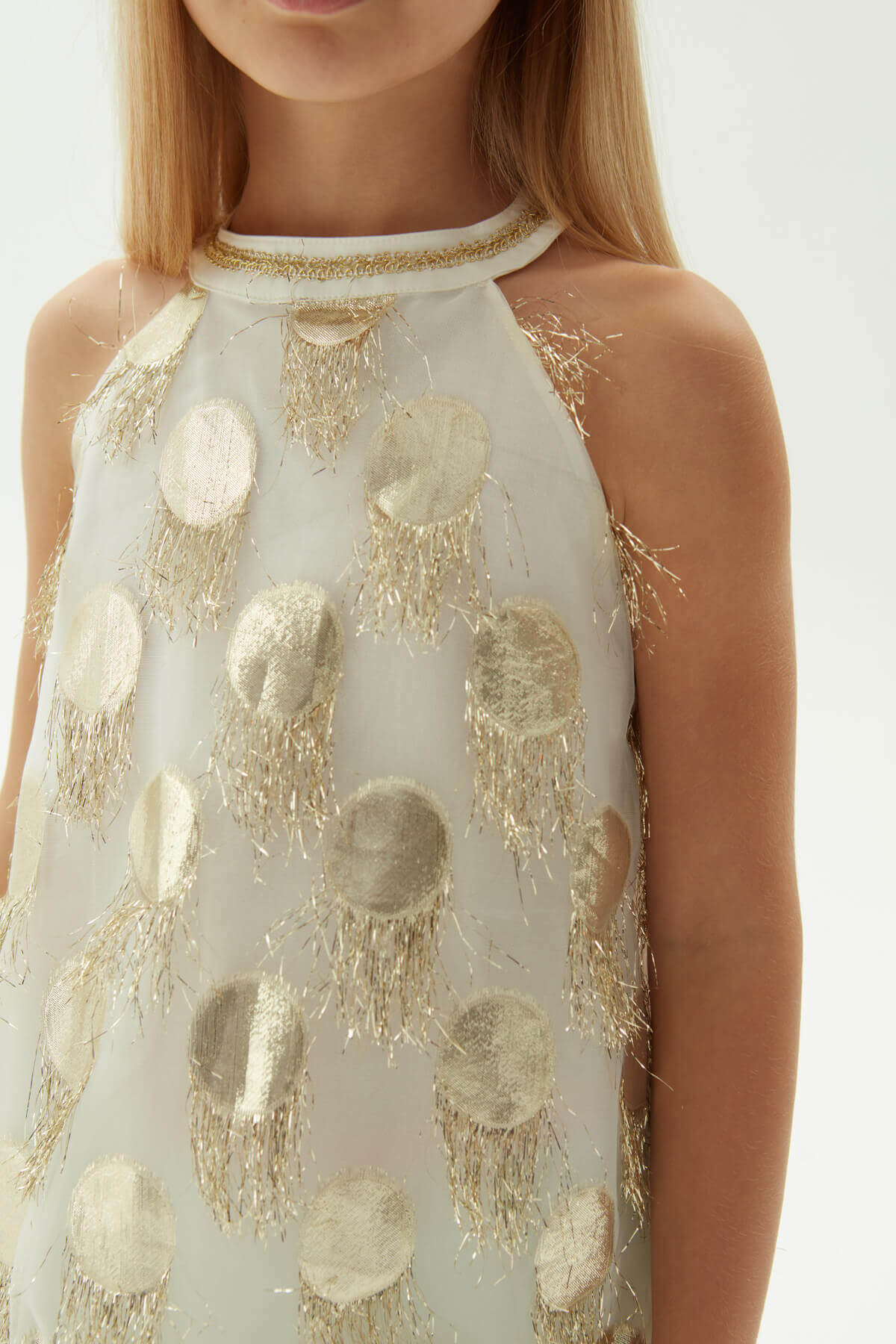 Girls Ivory Gold Metallic Circle Fringe Halter Neck Party Dress By B&G