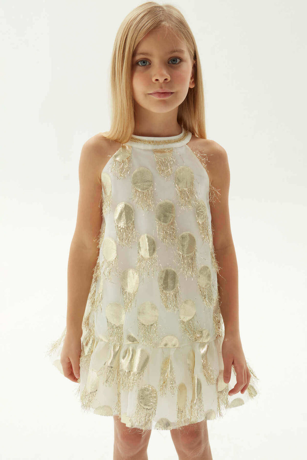 Girls Ivory Gold Metallic Circle Fringe Halter Neck Party Dress By B&G