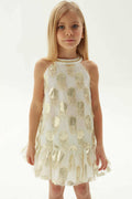 Girls Ivory Gold Metallic Circle Fringe Halter Neck Party Dress By B&G