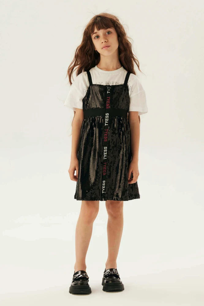 Girls Black Sequin TYESS Logo Tape Strap Mini Dress By B&G