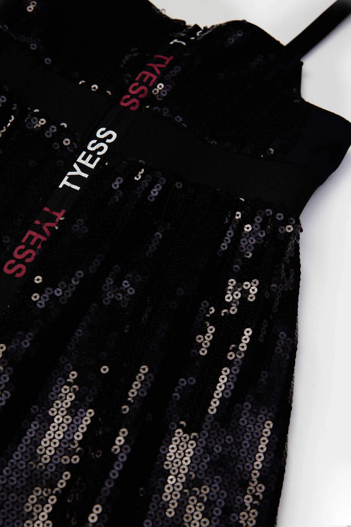 Girls Black Sequin TYESS Logo Tape Strap Mini Dress By B&G