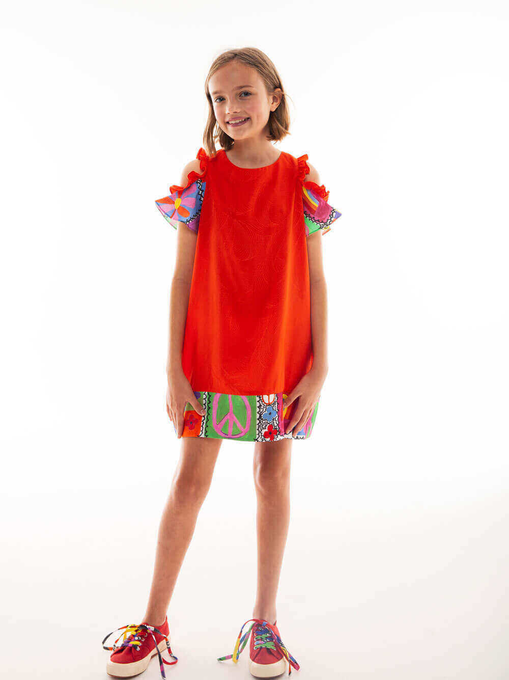 Girls Red Cold-Shoulder Multicolor Print Trim Ruffle Dress By B&G