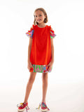Girls Red Cold-Shoulder Multicolor Print Trim Ruffle Dress By B&G