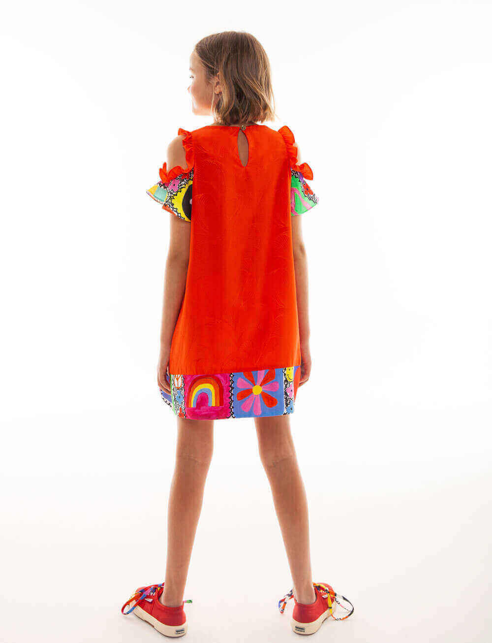 Girls Red Cold-Shoulder Multicolor Print Trim Ruffle Dress By B&G