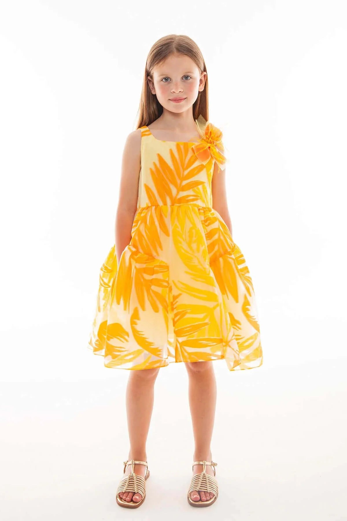 Girls Yellow Orange Tropical Leaf Print A-Line Party Dress By B&G