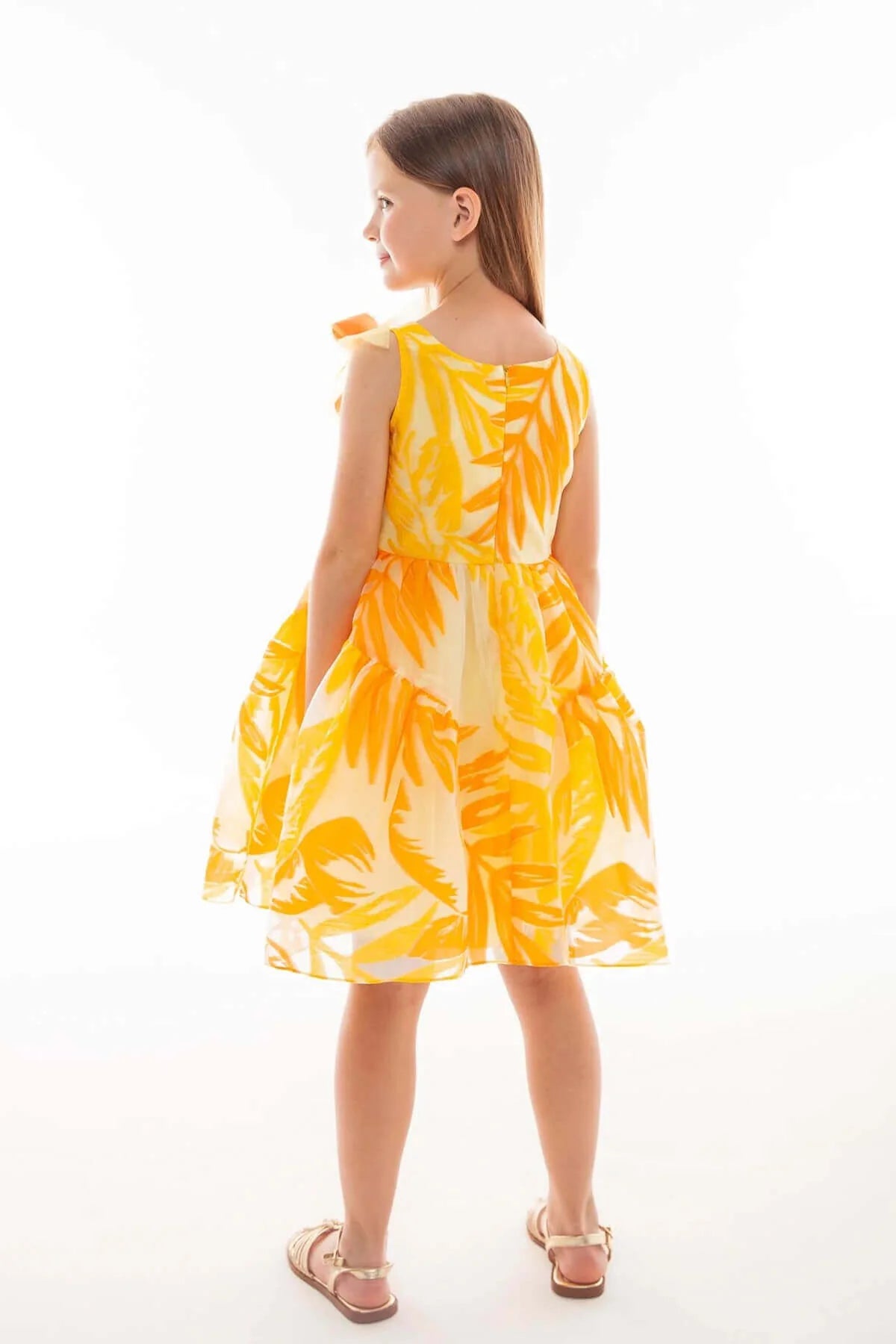Girls Yellow Orange Tropical Leaf Print A-Line Party Dress By B&G