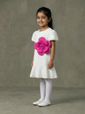Girls White Puff-Sleeve Drop-Waist Mini Dress with Oversized 3D Fuchsia Rose Appliqué