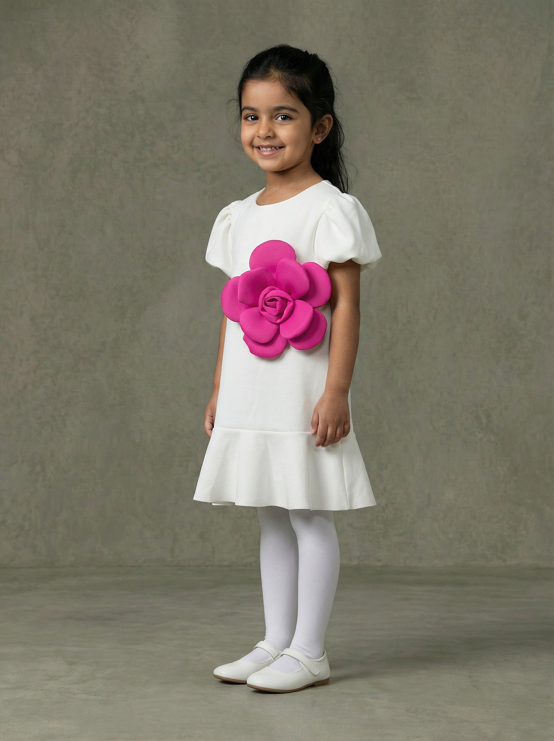 Girls White Puff-Sleeve Drop-Waist Mini Dress with Oversized 3D Fuchsia Rose Appliqué
