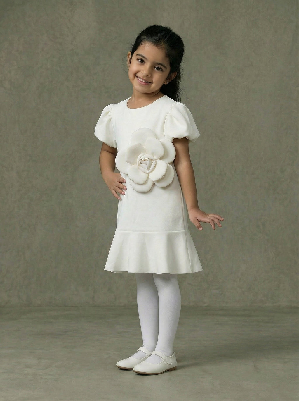 Girls White Puff-Sleeve Drop-Waist Mini Dress with Oversized 3D White Rose Appliqué
