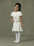 Girls White Puff-Sleeve Drop-Waist Mini Dress with Oversized 3D White Rose Appliqué