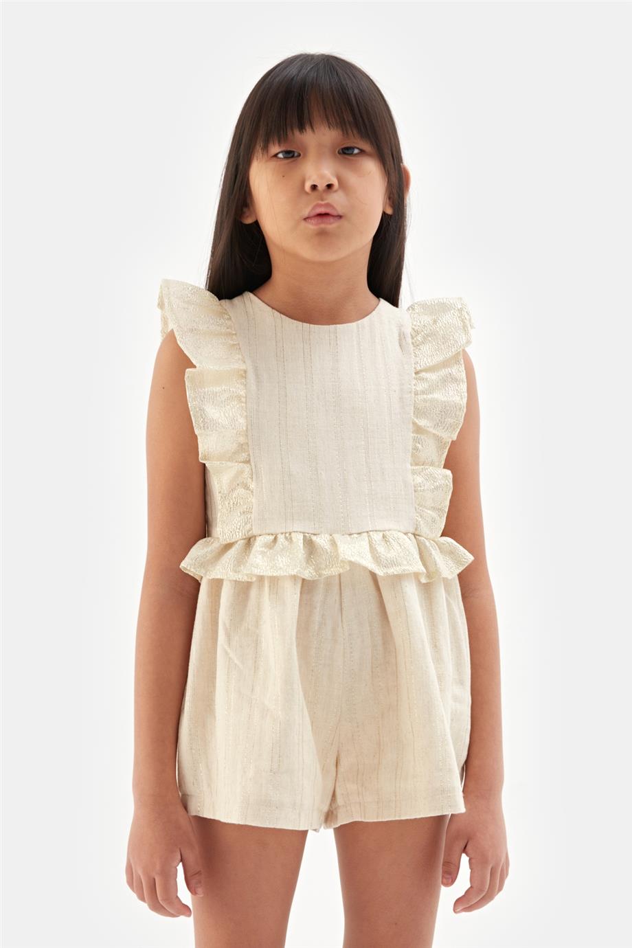 Girls Cream Gold Lurex Stripe Sleeveless Ruffle Top & Shorts Set By B&G