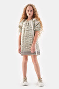 Girls Cream Boho Cross-Print Puff-Sleeve Mini Dress By B&G
