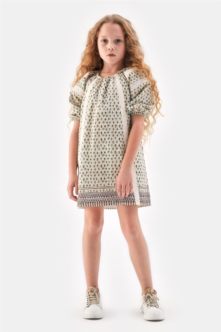 Girls Cream Boho Cross-Print Puff-Sleeve Mini Dress By B&G