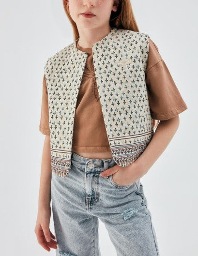 Girls Cream Boho Quilted Open Vest with Dark Green Fleur-de-Lis Print By B&G