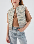 Girls Cream Boho Quilted Open Vest with Dark Green Fleur-de-Lis Print By B&G