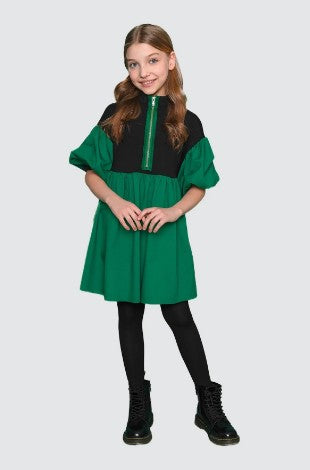 Girls Green & Black Colourblock Puff-Sleeve Gathered Full-Skirt Dress By B&G