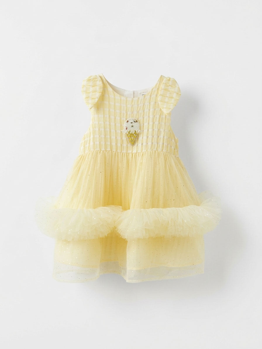 Girls Yellow Gingham Cap-Sleeve Party Dress with Glitter Tulle Skirt & Ice Cream Sequin Appliqué