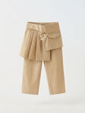 Girls Beige Tailored Wide-Leg Pants with Attached Mini Skirt Overlay