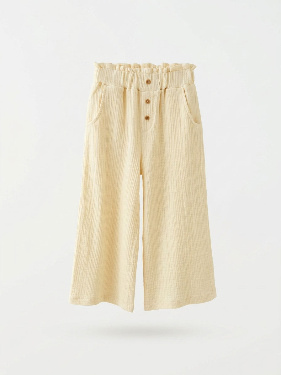 Girls Cream Wide-Leg Paperbag Trousers
