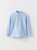 Boys Sky Blue Long-Sleeve Mandarin Collar Shirt