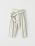 Girls Cream Pinstripe Wide-Leg Pleated Trousers with Wraparound Waist Panel