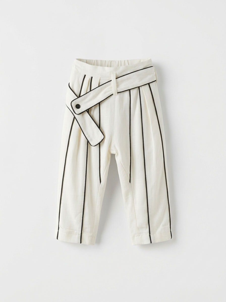 Girls Cream Pinstripe Wide-Leg Pleated Trousers with Wraparound Waist Panel