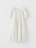 Girls White Crinkle Puff-Sleeve Square-Neck Smocked Waist Full Skirt Dress