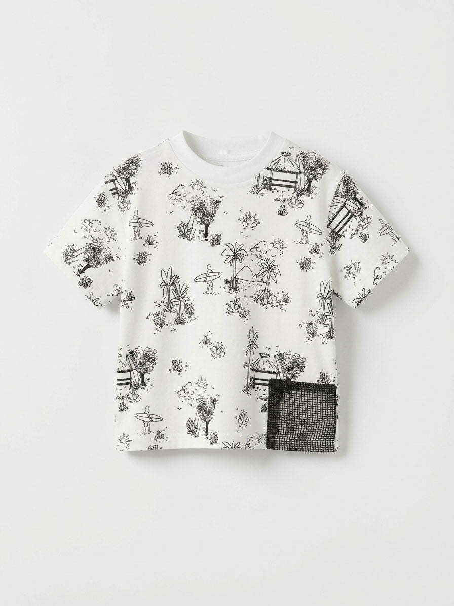 Boys White Tropical Print T-Shirt