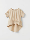 Girls Sand Ruched Mid-Sleeve High-Low Elasticated Waist Blouse