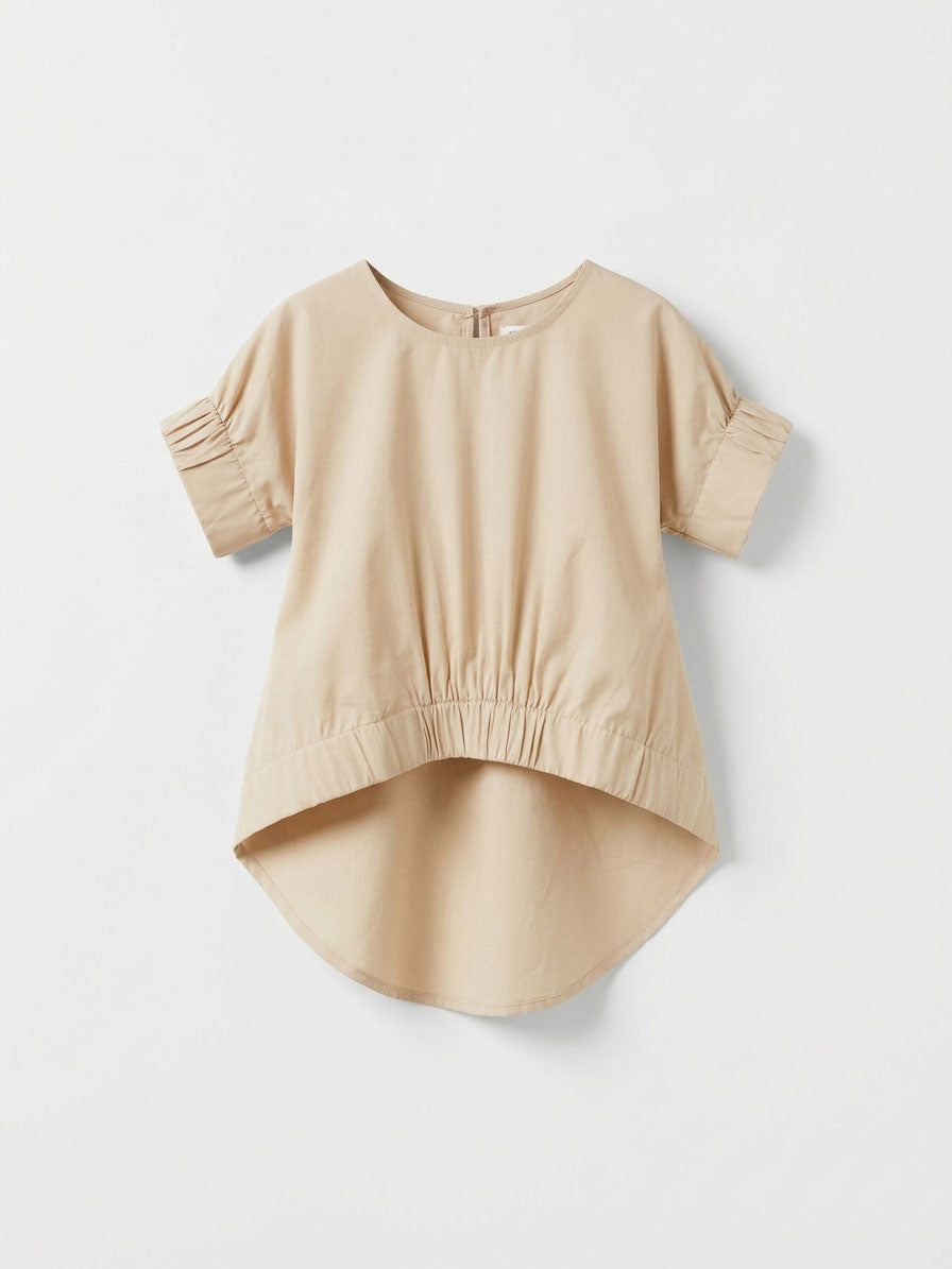 Girls Sand Ruched Mid-Sleeve High-Low Elasticated Waist Blouse