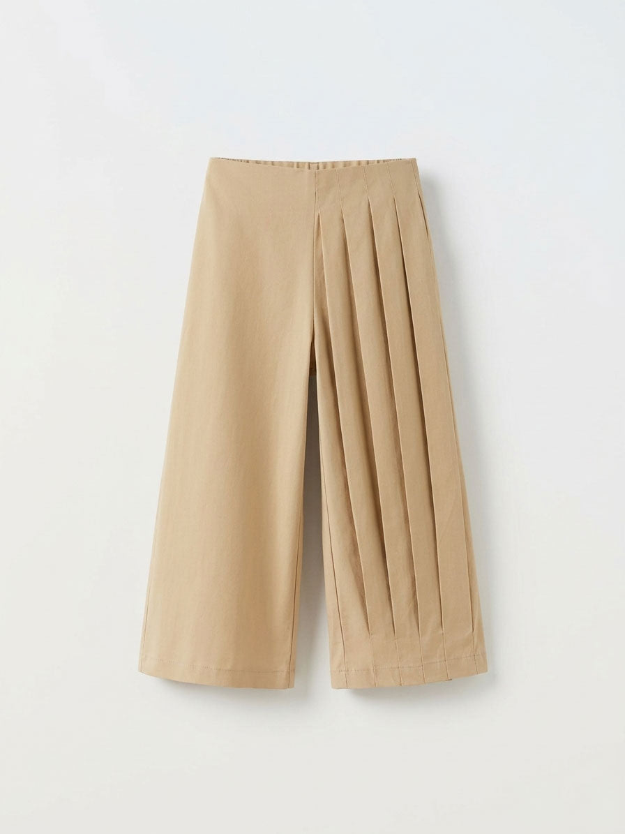 Girls Beige Wide-Leg Deep Knife-Pleat Culottes