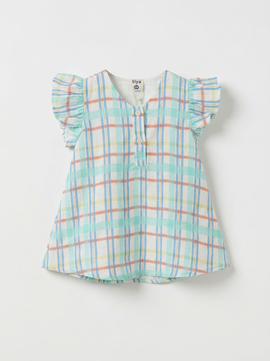 Girls Mint Multicolor Madras Plaid Flutter-Sleeve A-Line Dress