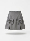 Girls Grey Structured Inverted-Pleat 3D Bow Pocket A-Line Skirt
