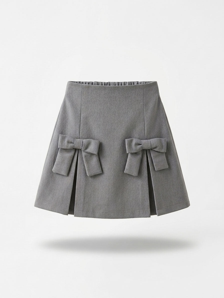 Girls Grey Structured Inverted-Pleat 3D Bow Pocket A-Line Skirt