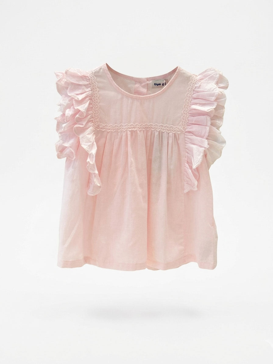 Girls Pink Ruffle Lace Trim Top