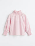 Girls Baby Pink Long-Sleeve Smocked Ruffle High-Neck Blouse with Puff Sleeves