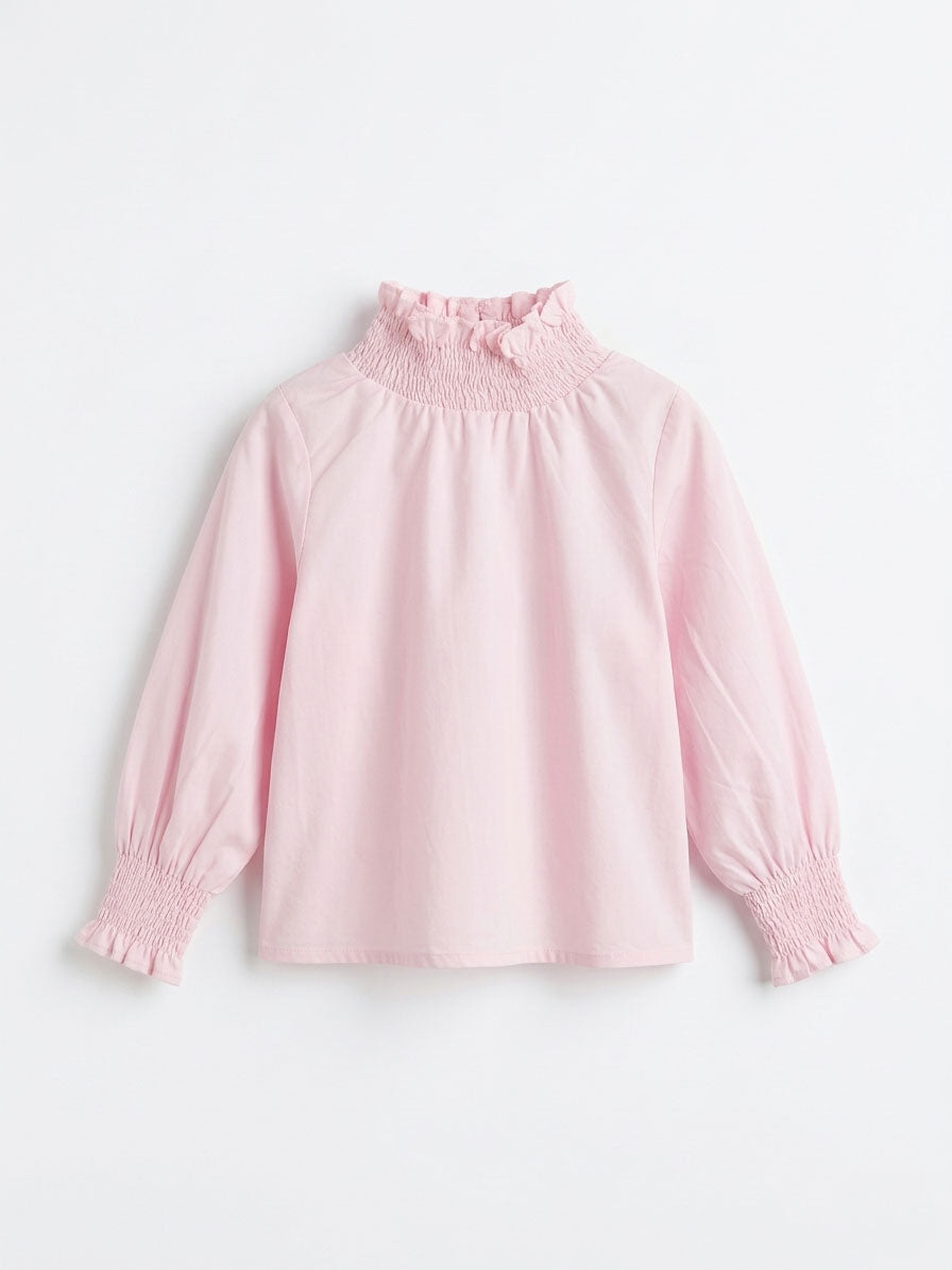 Girls Baby Pink Long-Sleeve Smocked Ruffle High-Neck Blouse with Puff Sleeves